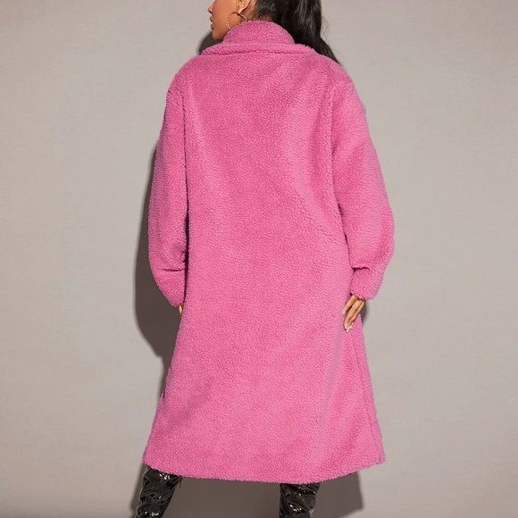 Pink Casual Womens Lapel Neck Double Button Teddy Coat - Picture 2 of 5